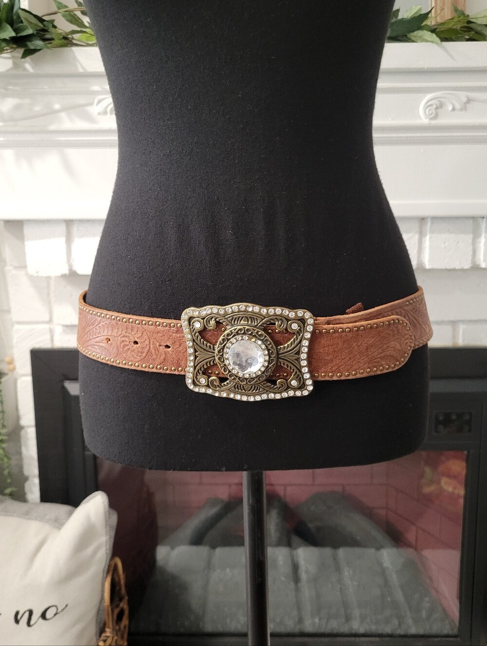 Rodeo Glam Inbossed tooled Leather Belt With Rhinestone Brass Buckle S/M